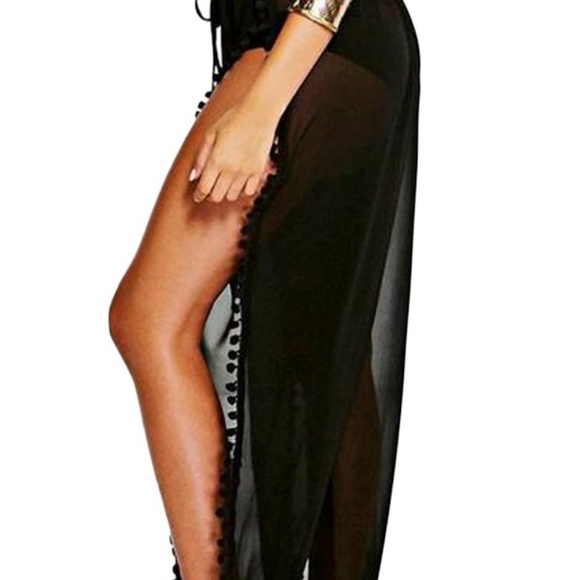 Black Pom Pom Split Beach Trouser - Picture 4 of 7